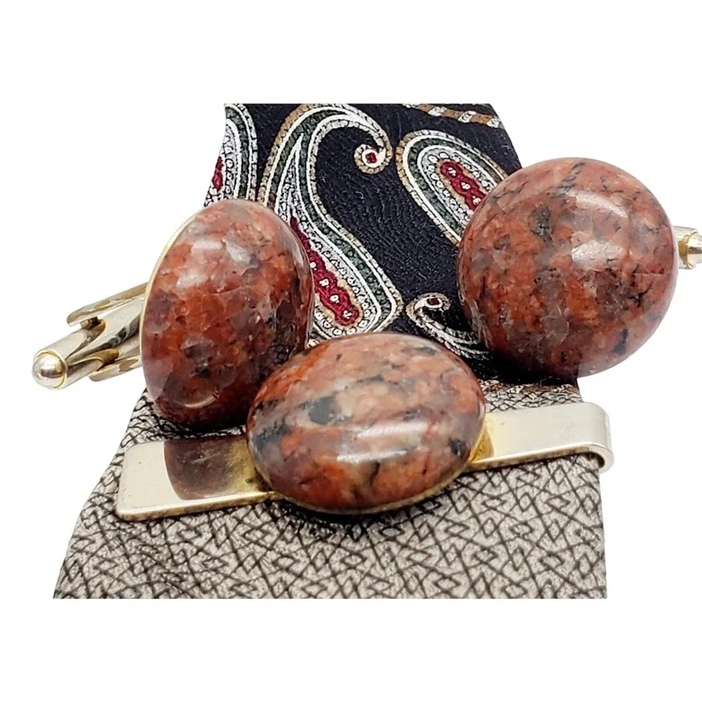 Red Jasper Cufflinks Tie Bar Set Chunky Round Stone Clip Clasp Suit Vintage 70s